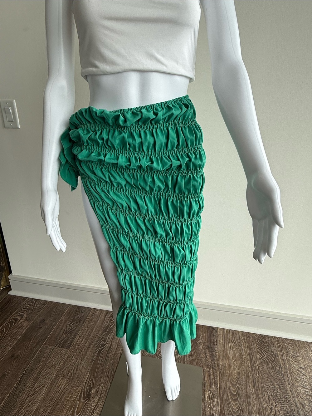 Green Ruched Side-Slit Skirt